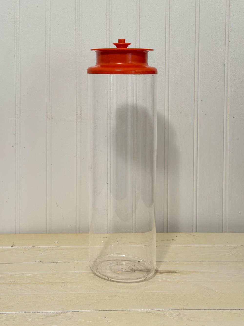 Vintage Tupperware 7 Cup Spaghetti Pasta Keeper Clear Canister Orange Push Top